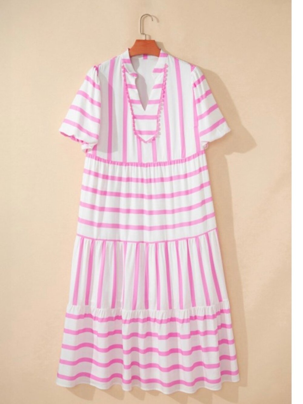 Stripe Plus Size Pocketed Puff Sleeve Dress